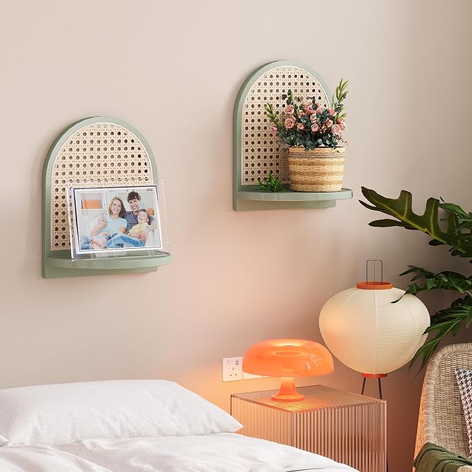 Rattan Shelf Set of 2, 7'' Rattan Shelf with Wicker Decor, Boho Wall Decor Small Floating Shelf for Plant Figurines Display, 