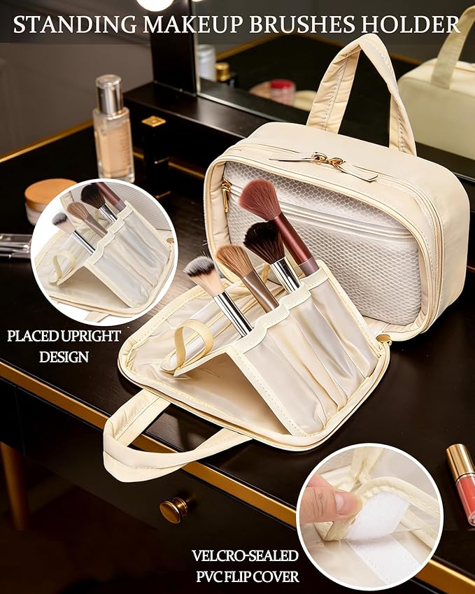 Makeup Bag, Travel Cosmetic bag, Toiletry Bag For Women, Make up Bag With Brush Storage, Hanging Toiletry Bag, Puffy Padded M