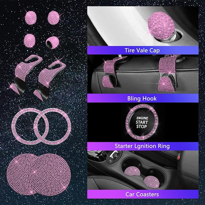 25PCS Bling Car Car Accessories Set,15 Inch Steering Wheel Cover,Shiny License Plate Frame,Center Console Cover and Rearview Mirror Set and Other Car Accessories(Pink)