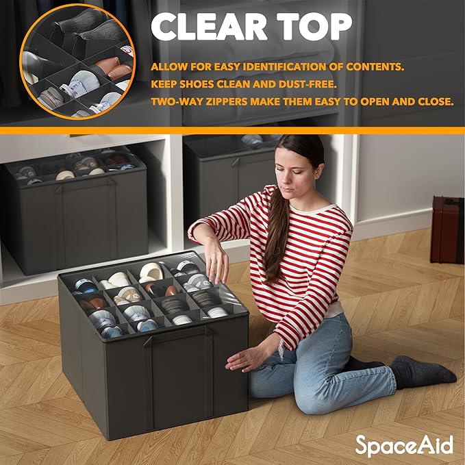 SpaceAid Shoe Organizer for Closet, 2 Pack Foldable Shoe Storage Containers Baskets Boxes Bins w/Adjustable Dividers, Fits 16