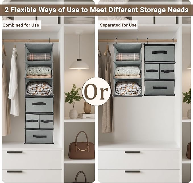 2-in-1 Durable 6-Tier Hanging Closet Organizer with 4 Removable Drawers,2 Separable 3-Tier Thickened Fabric Hanging Shelf Clo