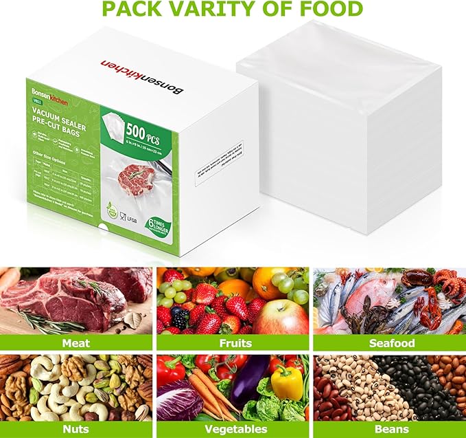 Bonsenkitchen Precut Vacuum Sealer Bags, 500 Pint 6" x 9" Food Sealer Bags,Commercial Grade, BPA Free, Heavy Duty, Customized