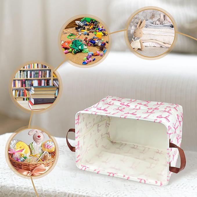 Pink Bow Storage Basket Waterproof Canvas Toy Storage Bin Coquette Room Decor Collapsible Outdoor Basket with Leather Handles