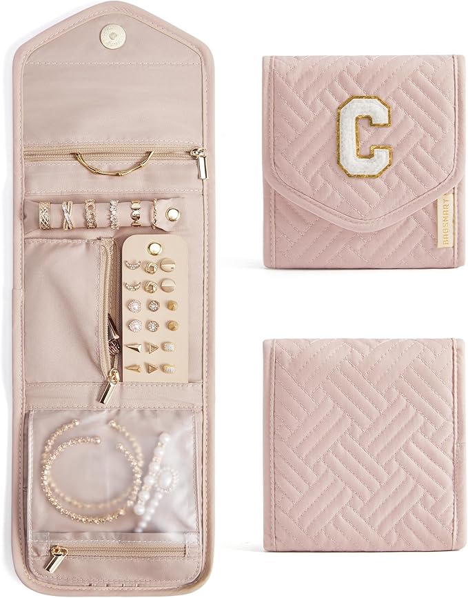 BAGSMART Travel Jewelry Organizer Case C Initial Foldable Jewelry Roll for Journey Rings, Necklaces, Earrings, Bracelets,Mini