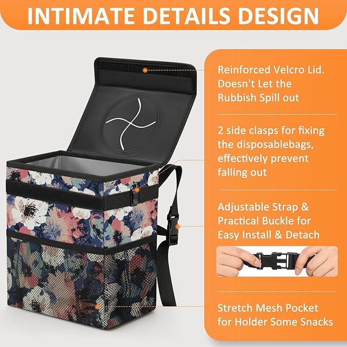 Car Trash Can for Car Cute, Trash Bag Bin Hanging Waterproof Automotive Garbage Cans Leak Proof Vehicle Trash Can Painting Floral