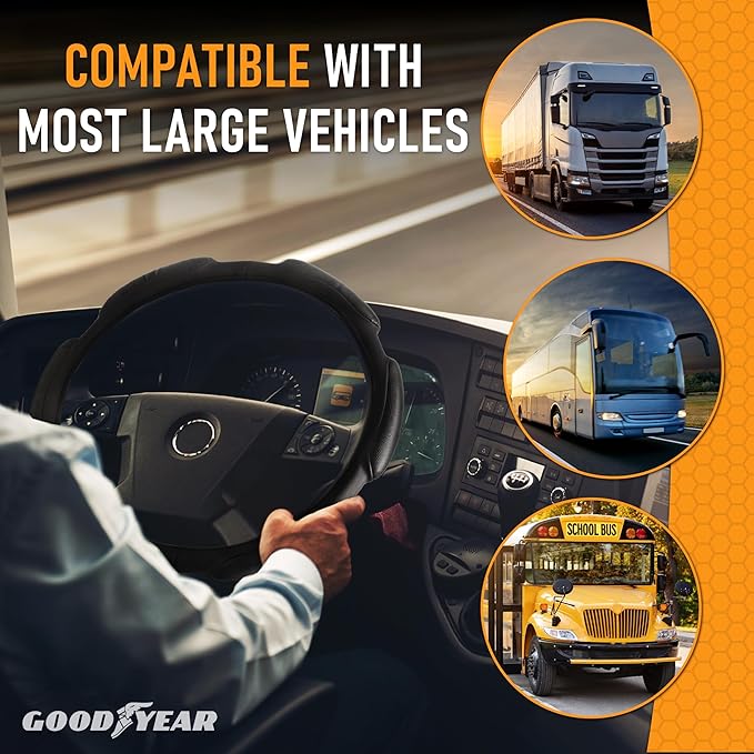 Goodyear Bus and Truck Steering Wheel Cover (18 INCHES) – Semi Truck, Vegan Leather Grip, Non-Slip, Comfortable, Heavy-Duty P