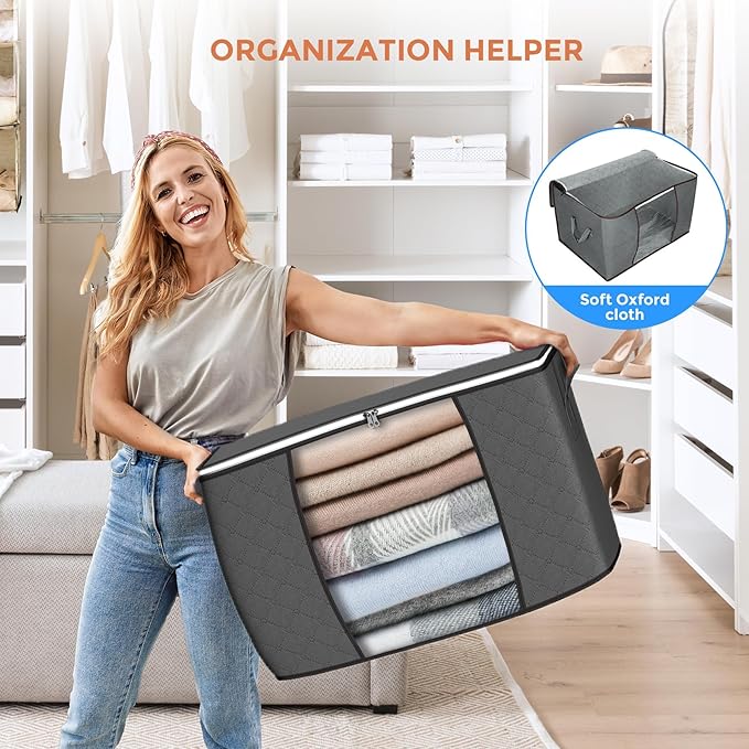 90 L Large Storage Bags, 6 Pack Clothes Storage Bins Foldable Closet Organizers Storage Containers with Reinforced Handle for