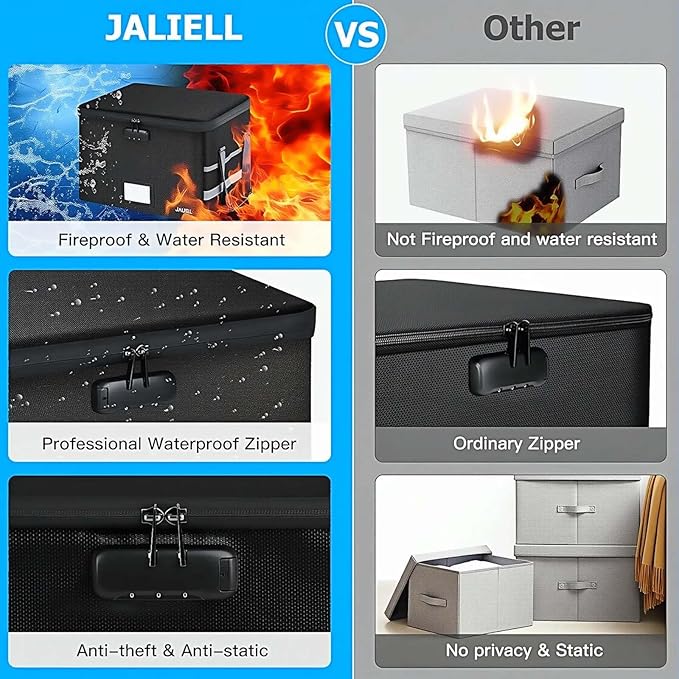 File Box with Lock, Fireproof Document File Organizer Box with Zipper & Adjustable Handle, Collapsible File Storage Box Home 
