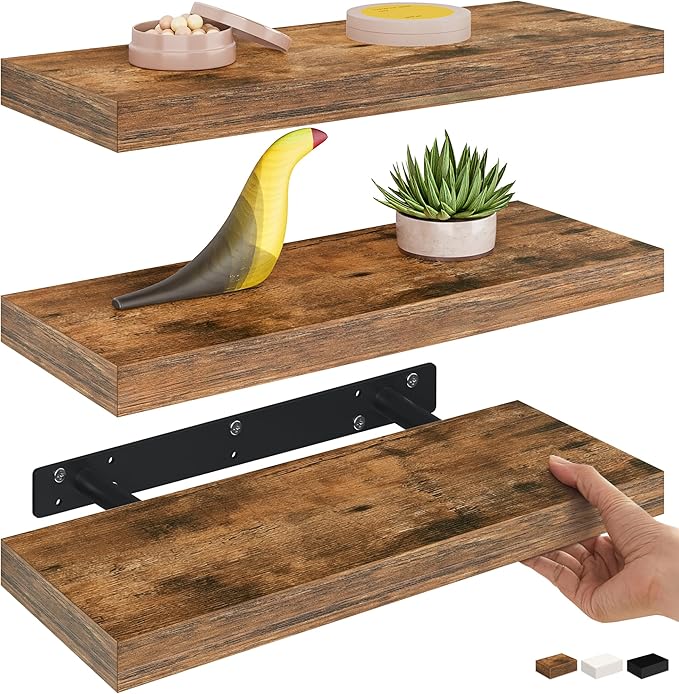 Ballucci Floating Shelves, 16" Wood Wall Shelf Set of 3, Invisible Brackets Floating Shelf for Wall Decor Living Room, Bathro