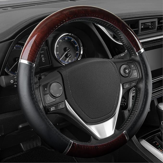 BDK Dark Wood Grain Car Steering Wheel Cover, Standard 15 inch with Black Faux Leather Grip, Made to Fit Most Auto Truck Van 
