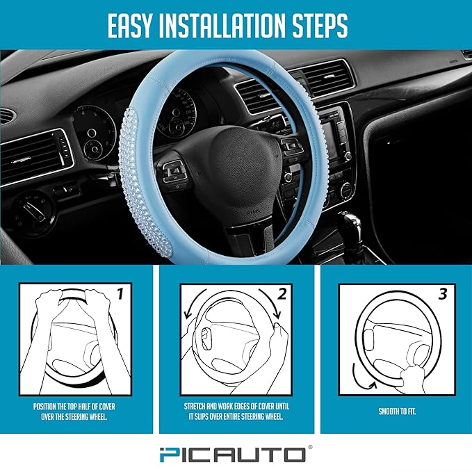 PIC AUTO Steering Wheel Cover, Glitter Gel Particles & Blue Luxury Leather Car Steering Cover, Universal Fit 14.5"-15.5" Anti