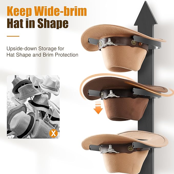Cowboy Hat Rack, Cowboy Hat Holder Wall Mount Holds up to 4 Hats, Wooden Western Rustic Metal Cow boy Hat Hanger with Arrow S