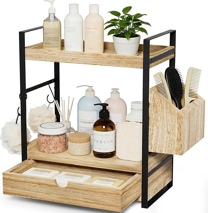 Kottwca 2-Tier Bathroom Counter Organizer with Drawer, Basket & Hooks, Wooden Vanity Shelf for Skincare, Perfume & Makeup Sto
