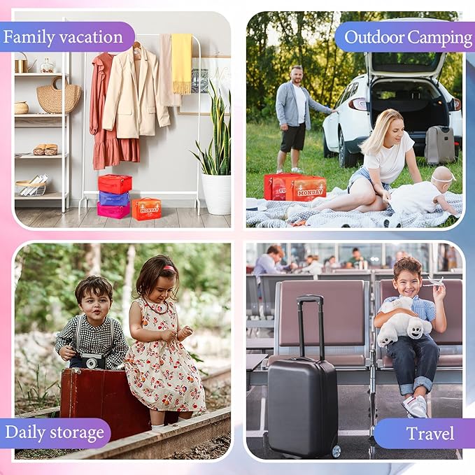 Paterr 14 Pcs Packing Cubes for Travel Kids Days of Week Compression Packing Cubes Colorful Luggage Organizers Suitcase Camp(