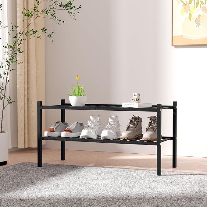ROMGUAR CRAFT 2 Tier Bamboo Shoe Rack for Closet Free Standing Wood Shoe Shelf for Entryway Small Space Stackable 27"x11"x13"