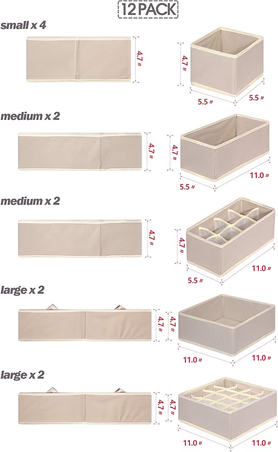 TENABORT 12 Pack Foldable Drawer Organizer Dividers Cloth Storage Box Closet Dresser Organizer Cube Fabric Containers Basket 