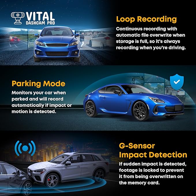 Vital Dash Camera Pro 2026 Dashcam Front and Rear Camera for Cars Dual Car Camera with Night Vision, G-Sensor 24/7 Parking Su