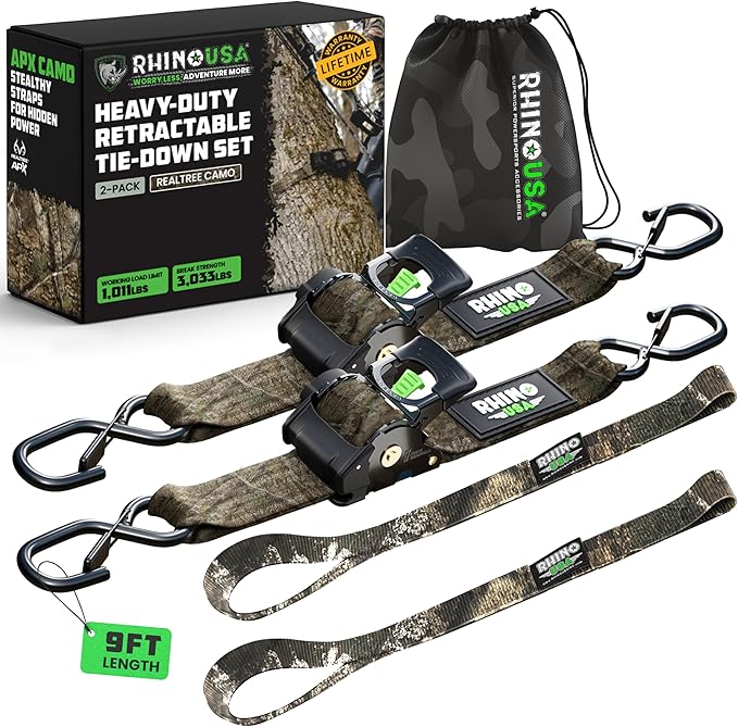 Rhino USA x Realtree Retractable Ratchet Straps (2PK) 2"x 9' (1,209lb Break Strength)- Heavy Duty Auto Self Retracting Tie Down Straps for Truck, Cargo Trailer, Motorcycle, ATV, UTV- Realtree APX Camo