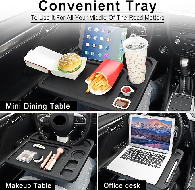 JUSTTOP 4 In 1 Car Steering Wheel Desk for Laptop,Versatile Upgraded Car Seat Tray, Spacious Steering Wheel Table With Tablet Holder and Dual Sauce Racks,Steering Wheel Under Table Console (Large)