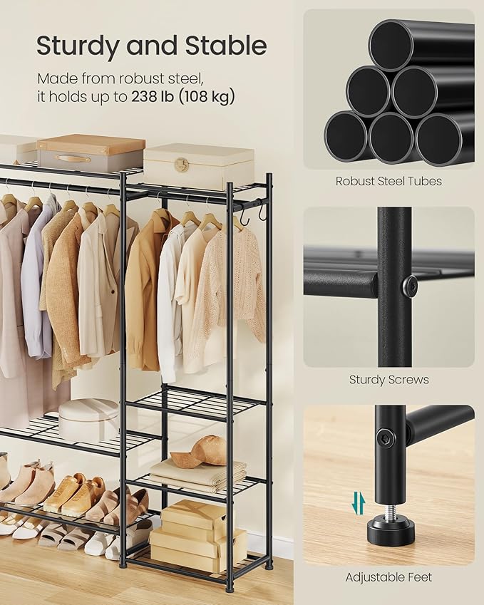 SONGMICS Portable Closet Wardrobe, Clothes Rack, Closet Organizers and Storage, Freestanding Clothing Rack with 7 Shelves, 2 