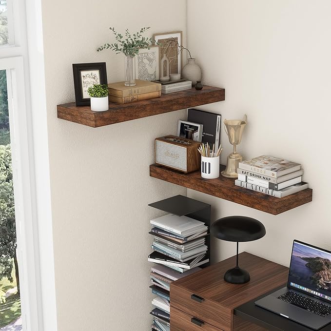 Deep Floating Shelves | 36 Inch Brown Floating Shelves Set of 2 | 12 Inch Deep Rustic Wood Shelves for Wall | 36" W x 12" D B