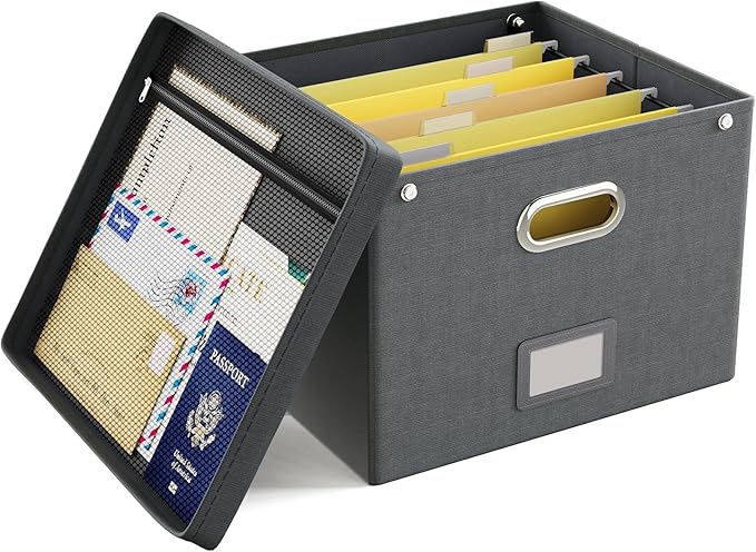 Oterri File Organizer Box with Lid,Large Hanging Filing Box with Mesh Pocket, Document Organizer for Letter Files, Portable S