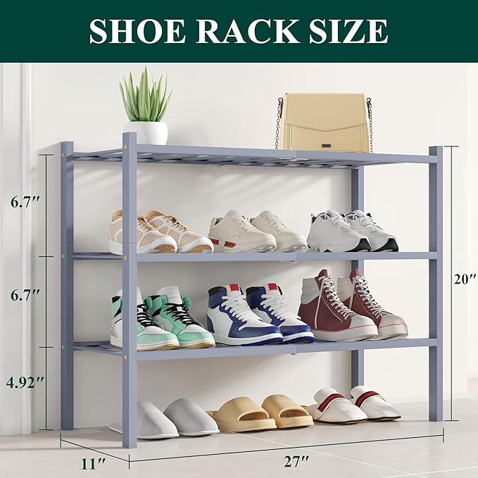 Smiry Shoe Rack, 3 Tier Bamboo Shoe Organizer, Stackable Free Standing Wooden Shoe Storage Shelf for Closet, Entryway, Front 