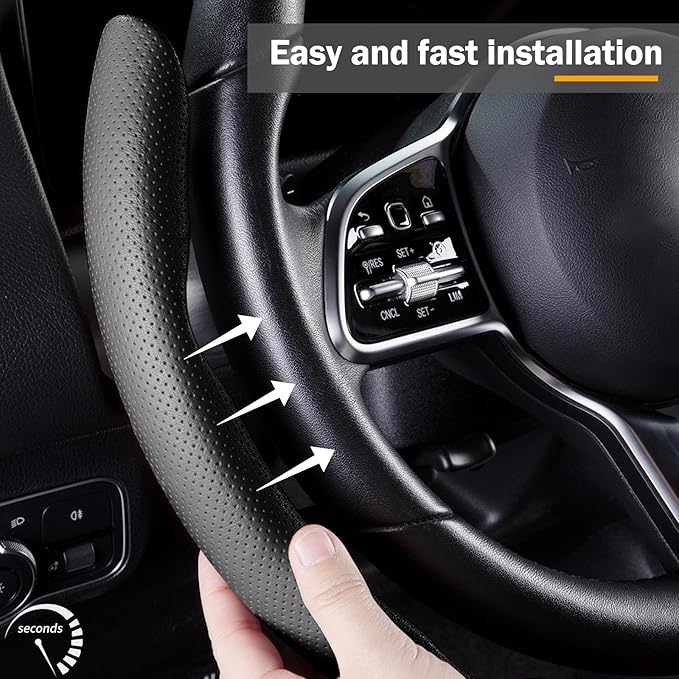 Car Steering Wheel Cover Leather Snap On 3Pcs Set Non-Slip Protector Wrap Steering Wheel Accessories 14.5-15 inch Universal B