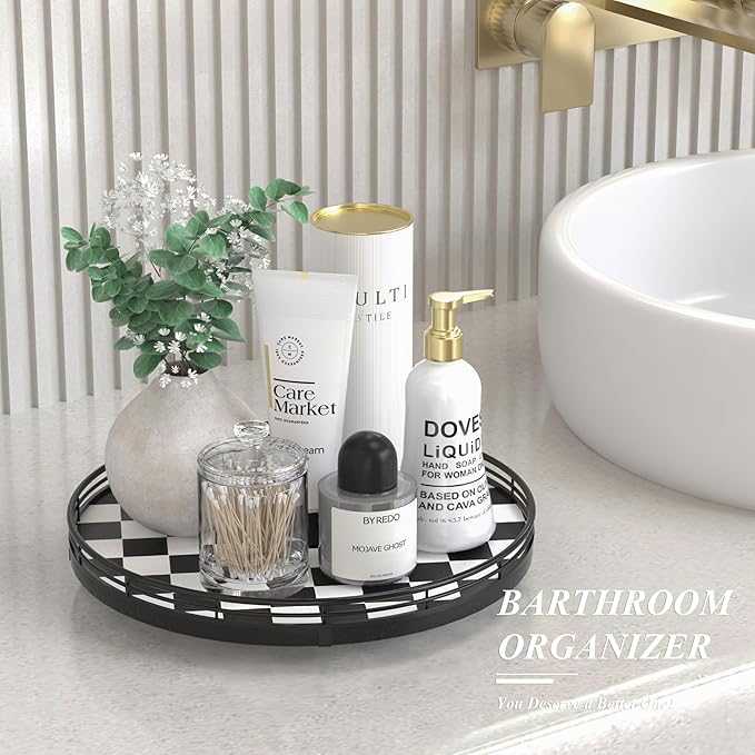 Black and White Kitchen Lazy Susan Turntable – Round Checkered Decorative Tray, 12” Table Top Oak Wood Lazy Susan for Cookies