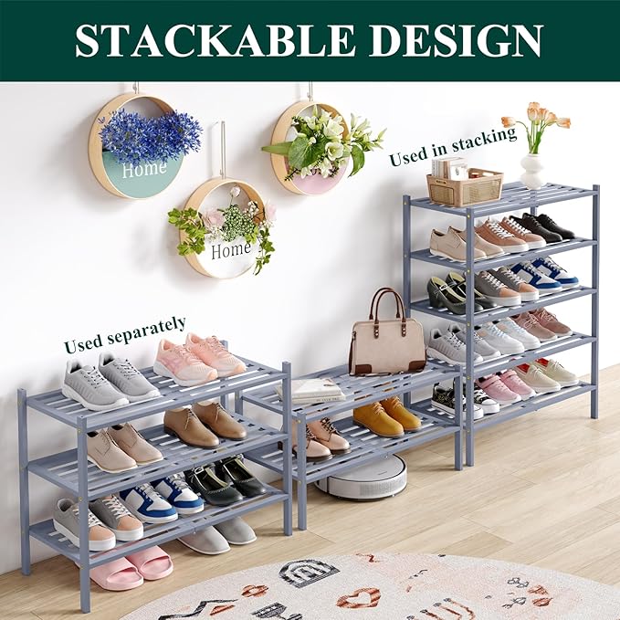 Smiry Bamboo Shoe Rack 6-Tier, Stackable Wooden Shoe Organizer for Entryway & Closet, Free Standing Wood Shoe Storage Shelf f