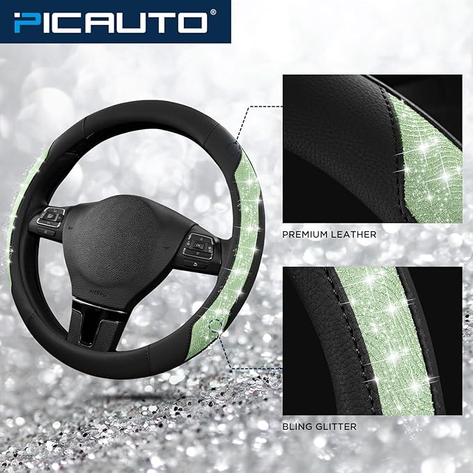 PIC AUTO Steering Wheel Cover, Green Sparkly Crystal Bling Glitter with Leather, Universal Fit 14.5"-15.5" Car Steering Wheel