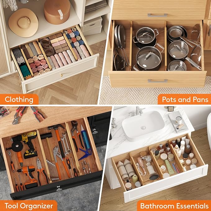 Lifewit 5" High 8 Pack Bamboo Drawer Dividers 45-55cm/17.5-22" Adjustable Wooden Drawer Organizer for Clothes/Utensils, Expan