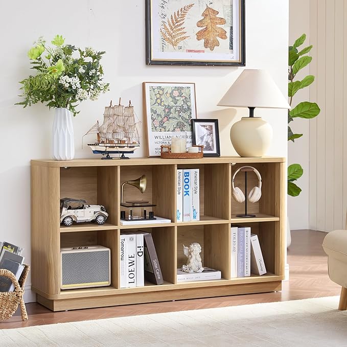 Joaxswe 8 Cube Storage Book Shelf, 52" Long Horizontal Bookshelf with Curved Edge, Floor Standing Wooden Cubby Bookcase with 