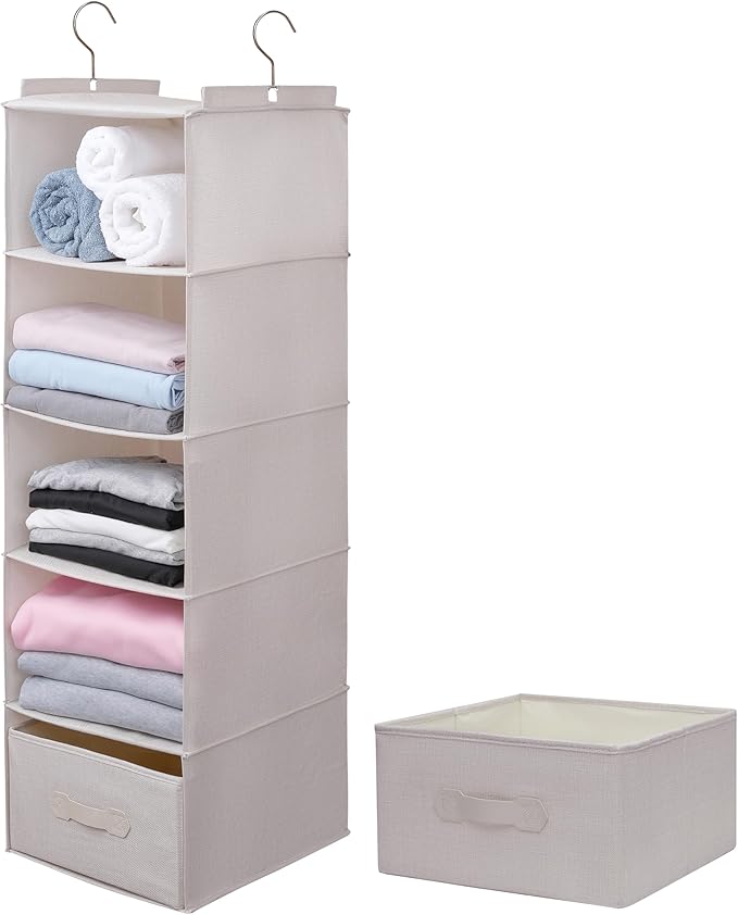 Large Hanging Sweater Organizer for Closet,Collapsible 6-Shelf Hanging Closet Shelves with Drawers, Washable (Beige -5 Shelf-