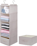 Large Hanging Sweater Organizer for Closet,Collapsible 6-Shelf Hanging Closet Shelves with Drawers, Washable (Beige -5 Shelf-