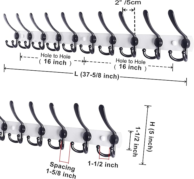 Dseap Coat Rack Wall Mount - 38” Long 10-Tri-Hooks Heavy Duty Coat Hanger Rail Wall Hooks for Hanging Coats Hats Clothing Clo