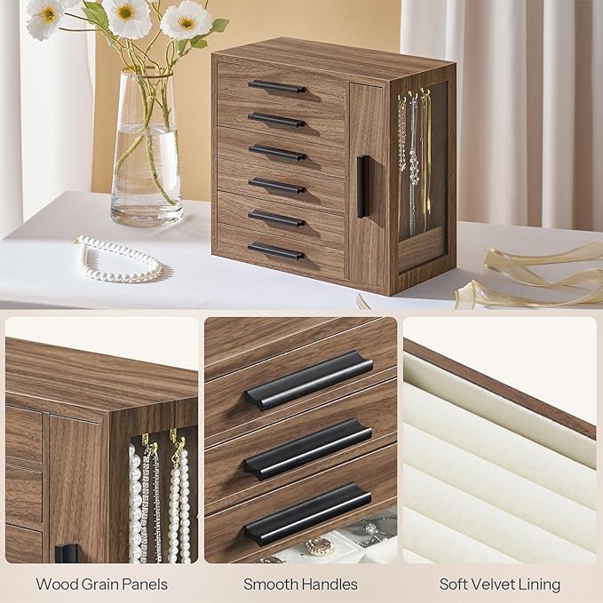 HOOBRO Jewelry Box for Women, Jewelry Organizer Box, 6-Tier Wooden Jewelry Box, Jewelry Case with Side Transparent Window, Cr