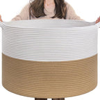 INDRESSME XXXLarge Jute Rope Basket 21.7" x 21.7" x 13.8" Woven Baby Laundry Baskets for Blankets Toys Storage Basket with Ha