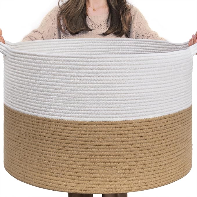 INDRESSME XXXLarge Jute Rope Basket 21.7" x 21.7" x 13.8" Woven Baby Laundry Baskets for Blankets Toys Storage Basket with Ha