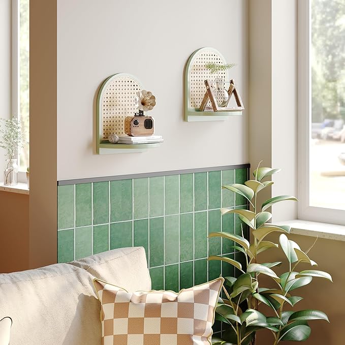 Rattan Shelf Set of 2, 7'' Rattan Shelf with Wicker Decor, Boho Wall Decor Small Floating Shelf for Plant Figurines Display, 