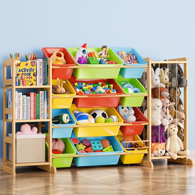 mirolam Storage Organizer with Bookshelf and Stuffed Animal Storage - Playroom Organization with Shelves and 12 Bins - Living