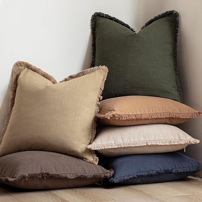 Foindtower Set of 2 Decorative Linen Fringe Lumbar Throw Pillow Covers Farmhouse Cushion Cover with Tassels Accent Pillowcase