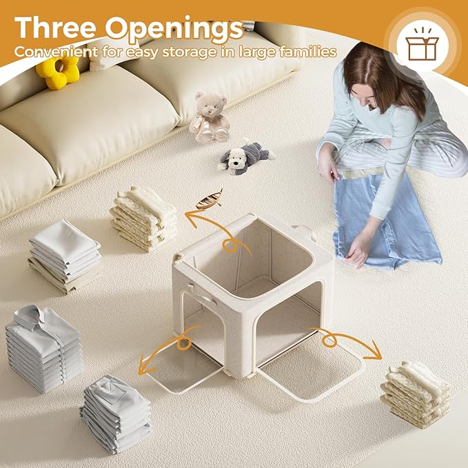 Clothes Storage Bins with Metal Frame, 3 Pack-66L Foldable Fabric Organizer Box with Transparent Window, Cotton Linen Storage