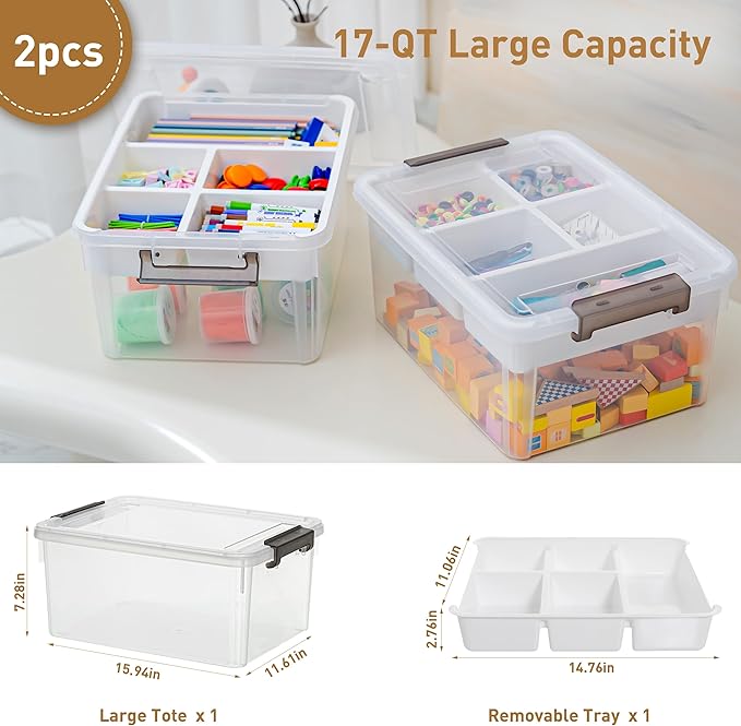 Citylife 17 QT Plastic Storage Box with Removable Tray Craft Organizers and Storage Clear Storage Container for Organizing Be