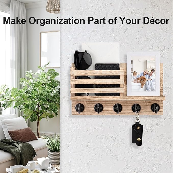 Lwenki Key Holder for Wall – Decorative Wooden Mail Holder and Key Shelf with Mounting Hardware, Installation Guide – Paulown
