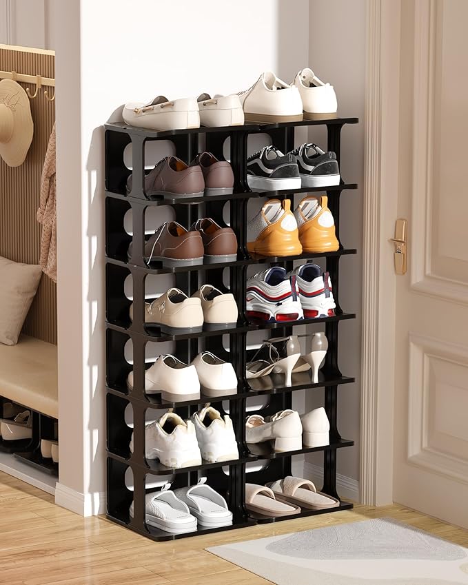 HAIXIN 14 Tier Vertical Black Shoe Rack for Front Door Entrance - Tall Shoe Organizer for Small Spaces, Closet Narrow Small S
