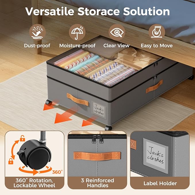 Under Bed Storage with Wheels, Large Capacity UnderBed Containers with Clear Lids, Shoe Organizer Under Bed Drawers, Rolling 