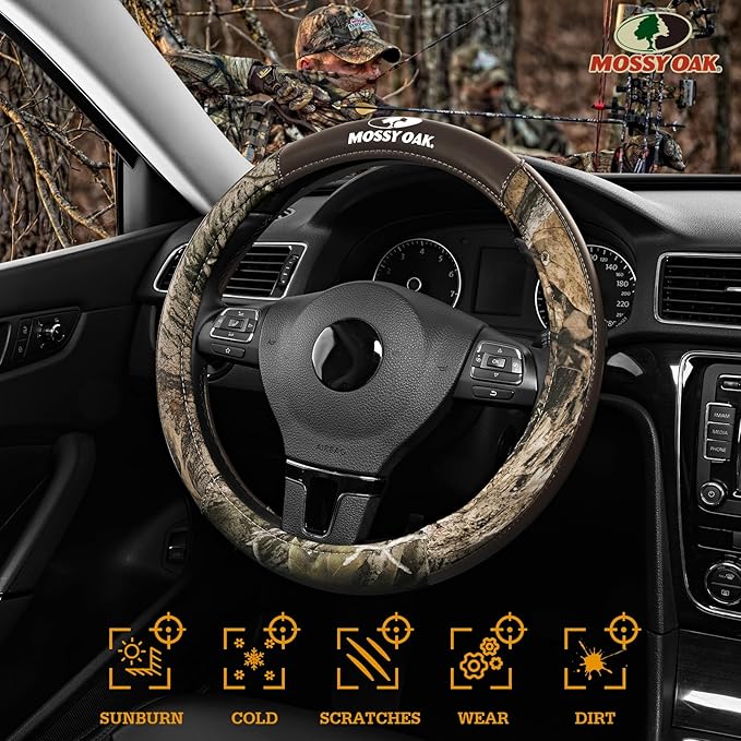 Mossy Oak Camo Steering Wheel Cover, Durable Grip Car Steering Cover, Universal Fit 14.5"–15.5" - Made with Premium Brown PVC