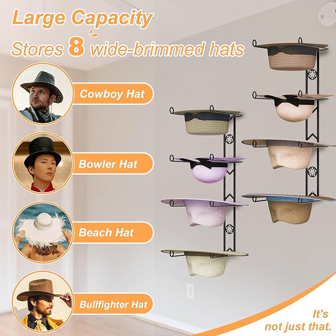 Cowboy Hat Organizer Hangers for Wall, Western Hat Rack Wall Mounted with Decorative Star, Metal Cowboy Hat Holder for Wester