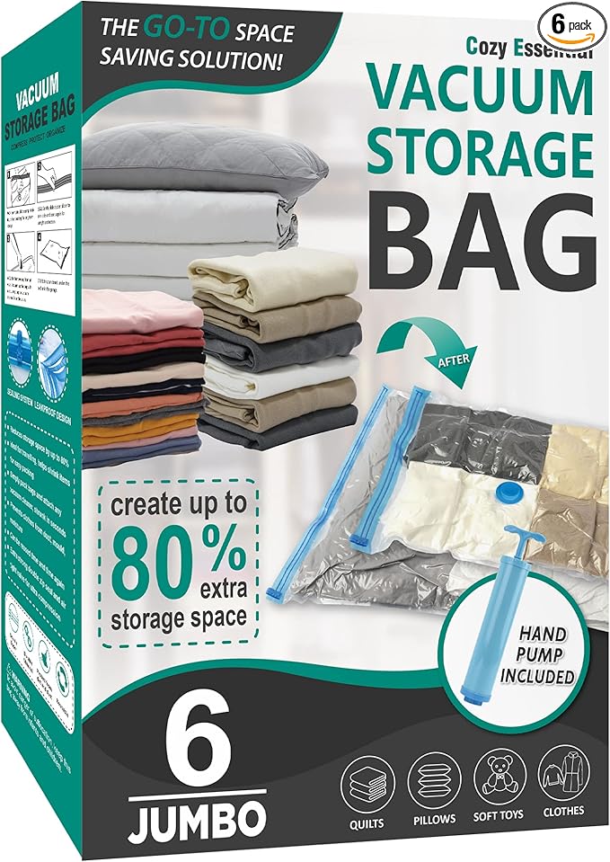 Cozy Essential Vacuum Storage Bags, 80% Compression Vacuum Seal Space Saver Plastic Packaging Bags for Clothes, Blankets, Pil